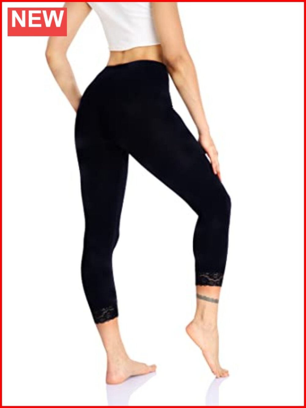 High Waist Capri Leggings with Lace Trim Stretchy Yoga Crop Leggings